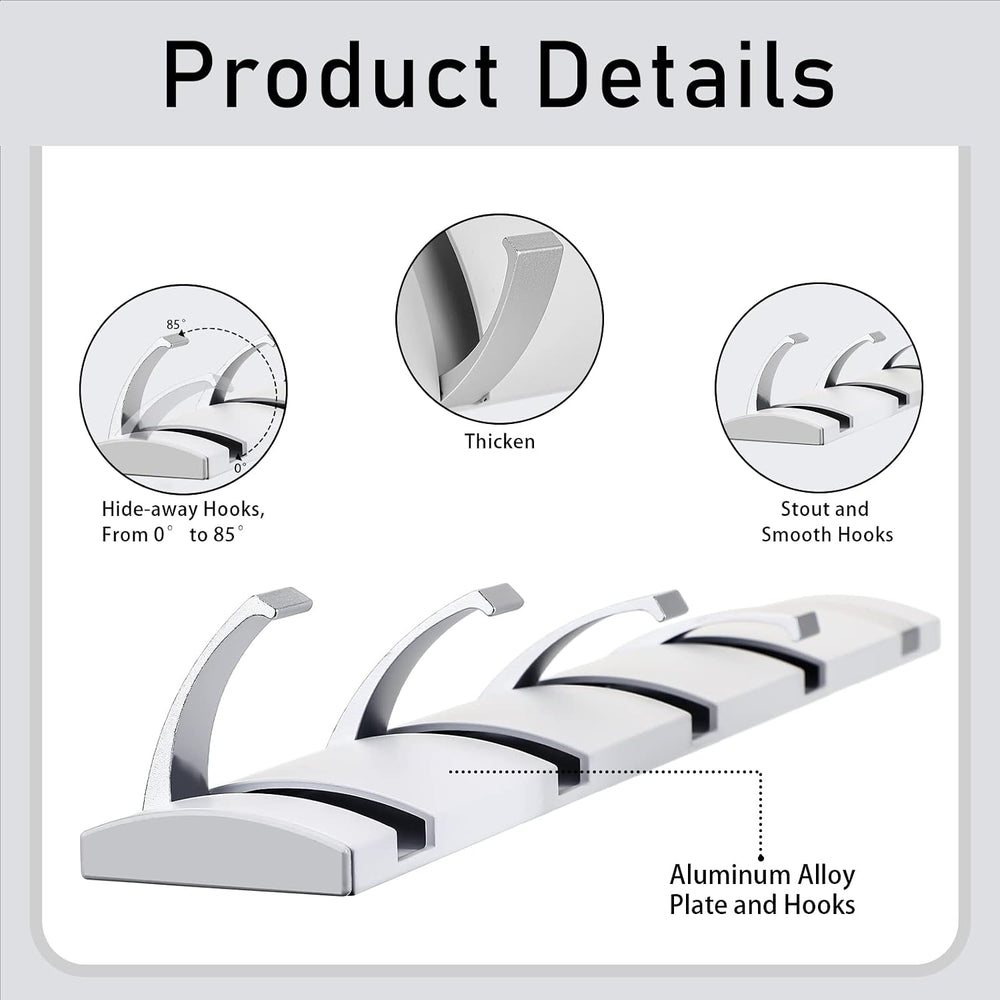 Wesiti 2 Pack Wall Mounted Coat Rack, 5 Foldable Hooks, White