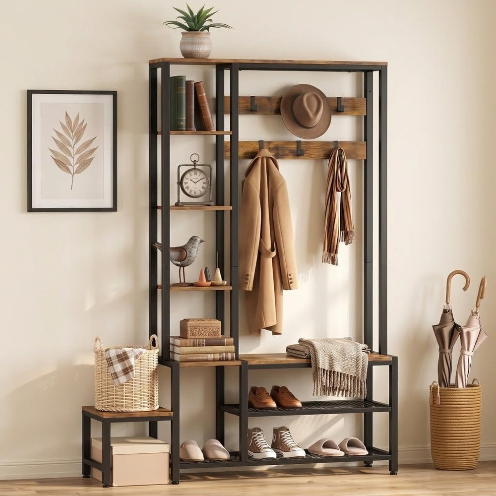 Hall Tree with Shoe Storage Bench, Coat Rack with 7 Hooks & Shelves