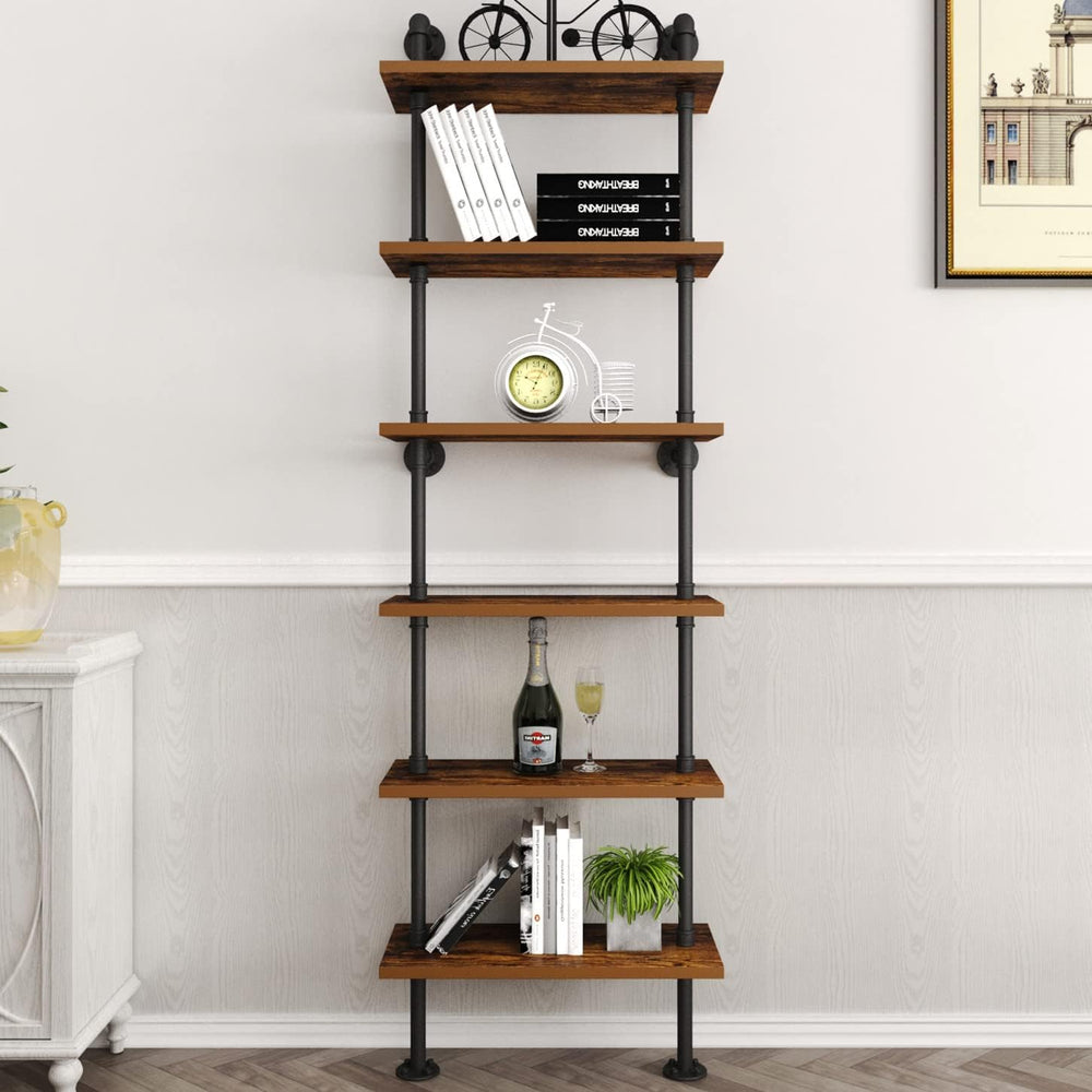 HOMEKAYT Industrial Pipe Shelf Rustic Wood Wall Shelf Ladder Bookshelf Wall M...
