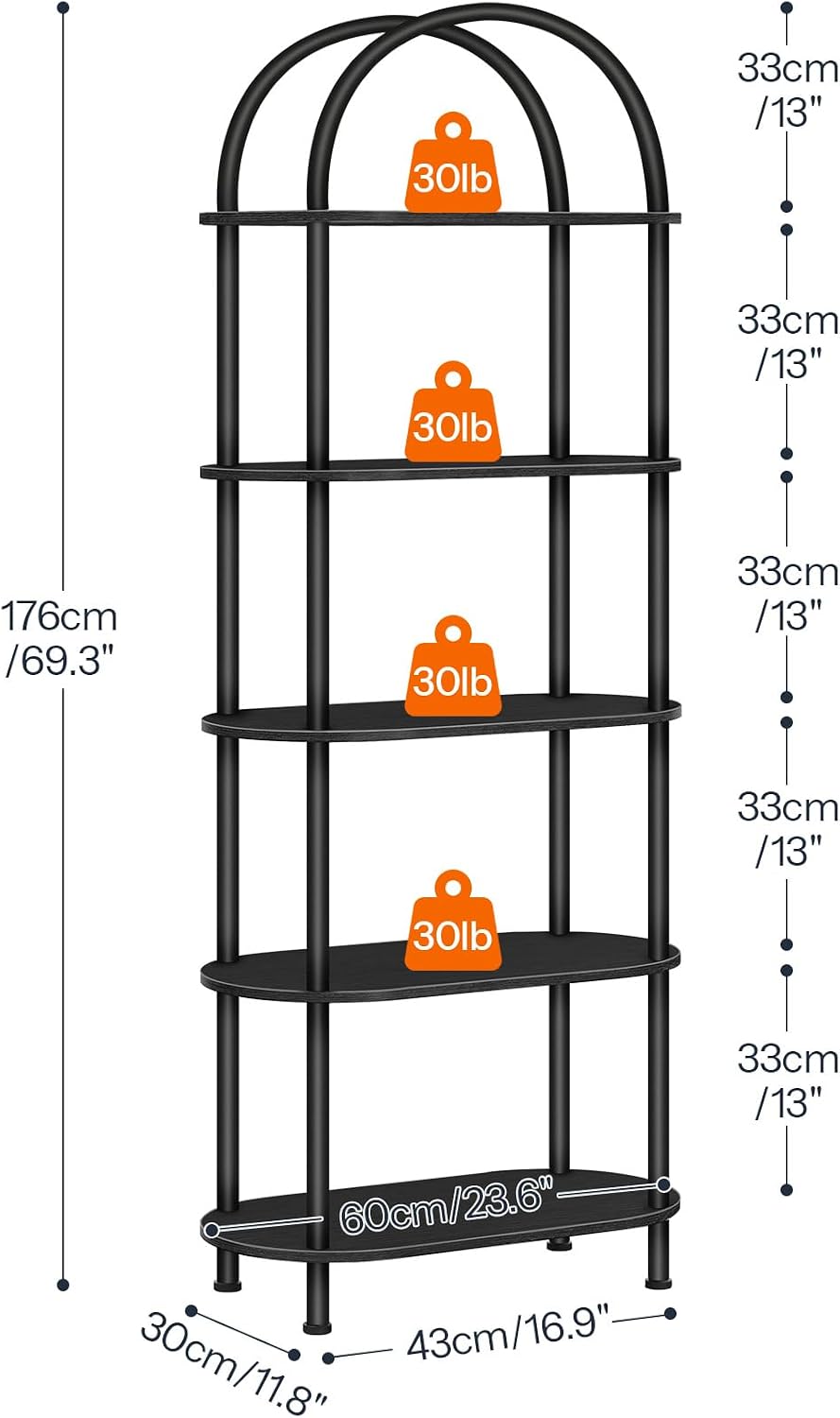 HOOBRO 5 Tier Open Bookshelf, Industrial Arched Bookcase Display Shelf Rack, ...