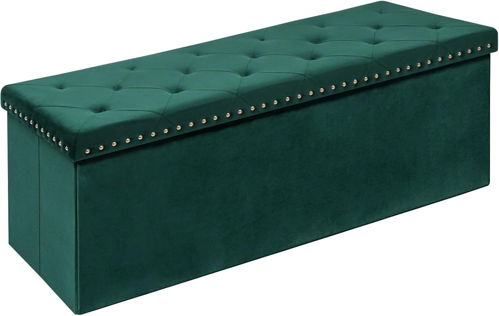 PINPLUS Folding Storage Ottoman Bench, Green Velvet