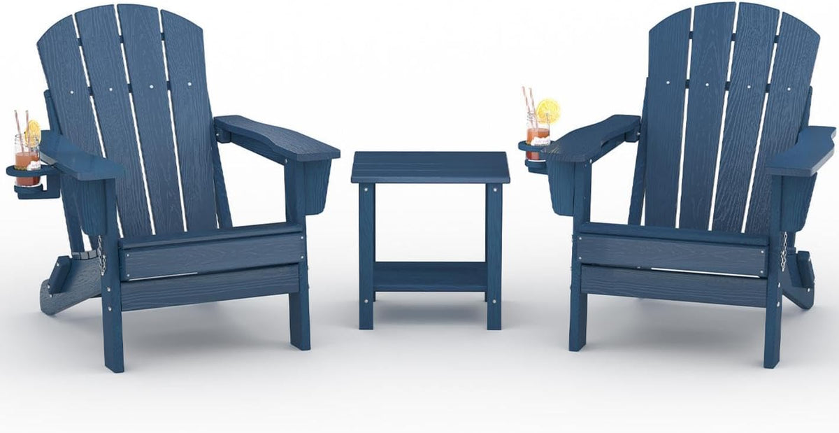 HDPE Folding Adirondack Chair Set of 2 with Side Table, Navy Blue