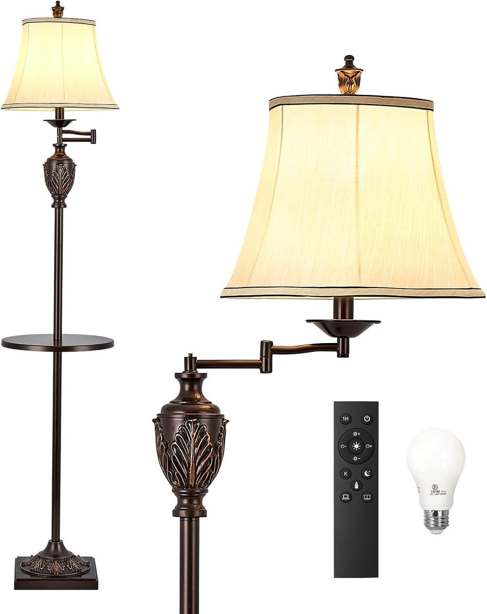 Traditional Floor Lamp with Tray, Remote Dimmable, 350° Swing Arm and Brown
