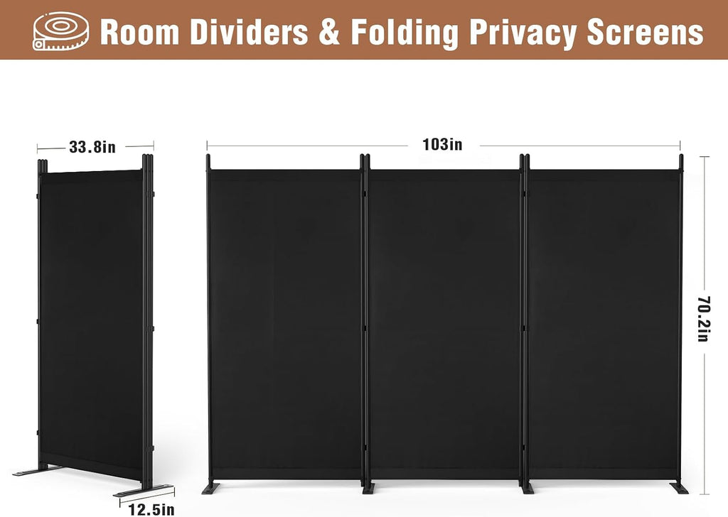 Room Divider 6FT Folding Privacy Screen for Room Separation, 3 Panel, Black