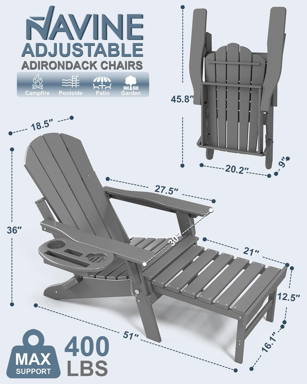NAVINE Adjustable Adirondack Chair Set of 4 with Retractable Ottoman