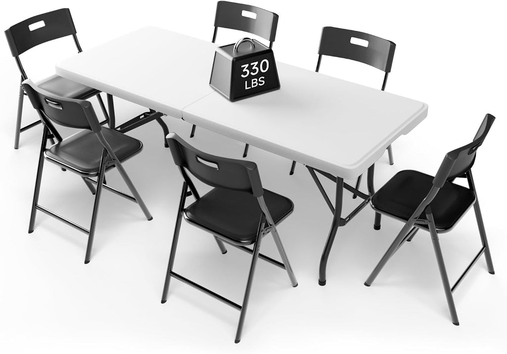 Portable 6-Piece Folding Table and Chairs Set – Heavy-Duty 6ft Camping & Party Furniture for Indoor/Outdoor Events (All-Weather, Black)