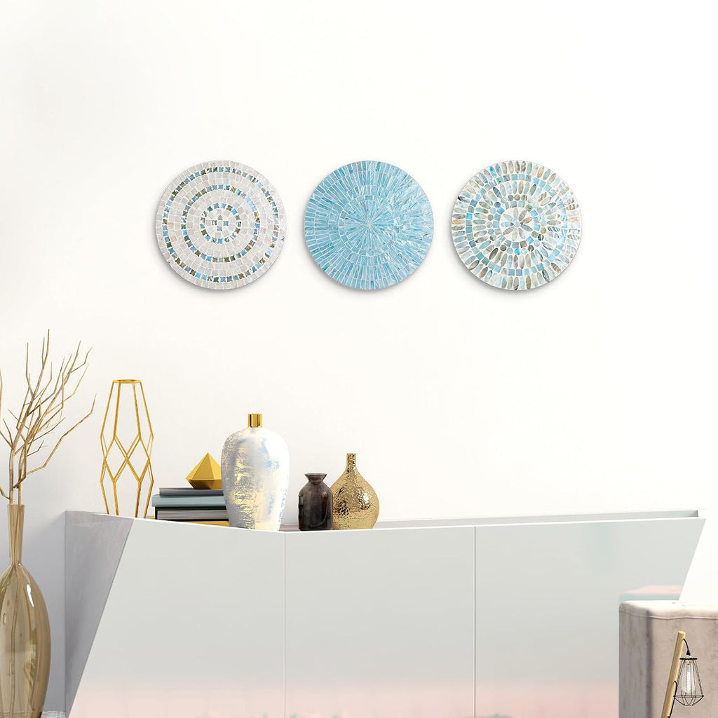 Tioncy 3 Pcs 11.8'' Blue Mother of Pearl Shell Plate Coastal Wall Art