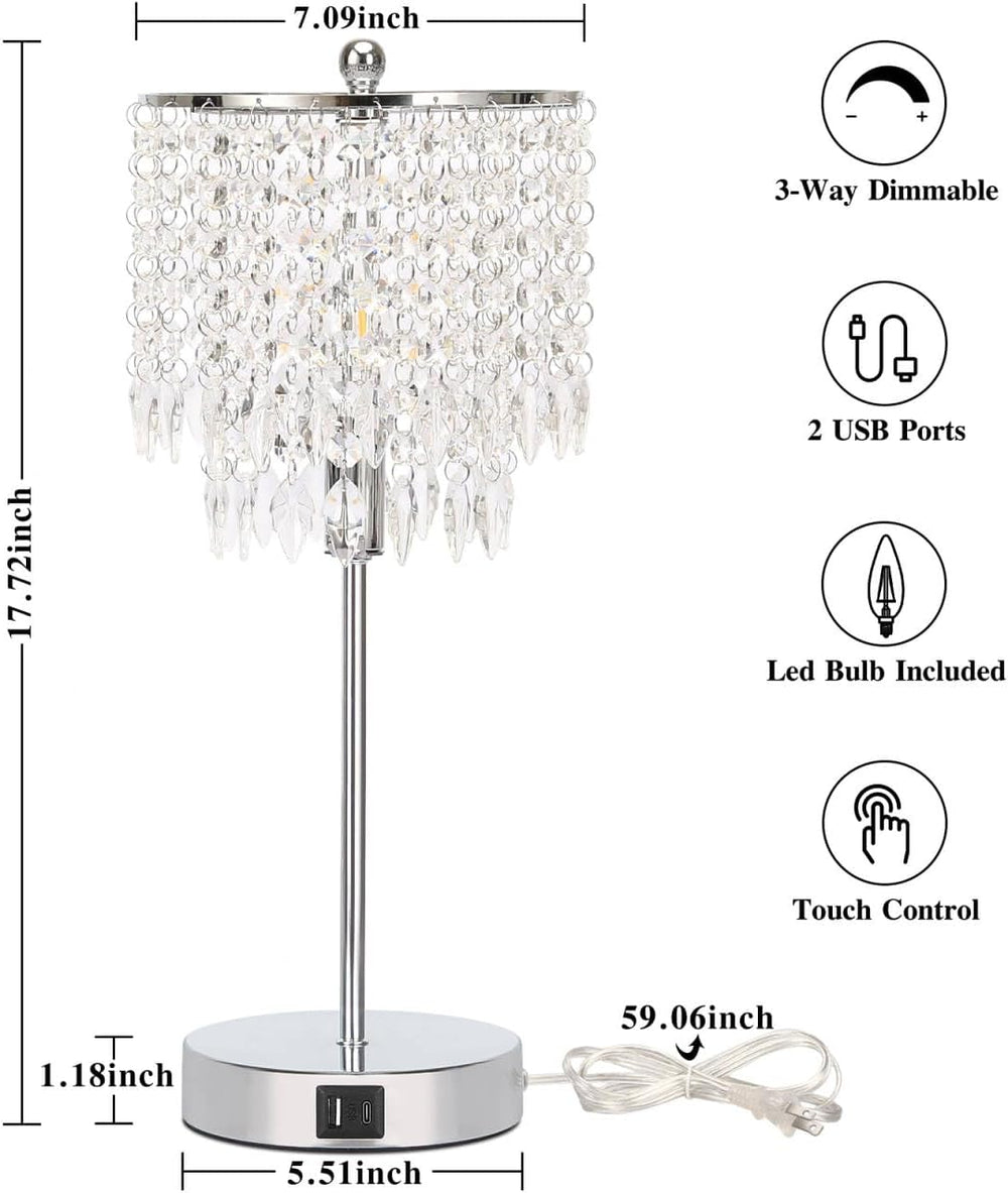 Crystal Table Lamp Set of 2 Touch Control, Crystal Lamps with USB Ports Elega...
