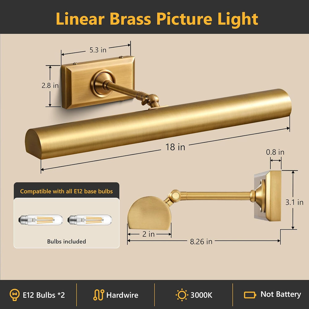 18 inch Brass Picture Light Hardwired Picture Light Library Light