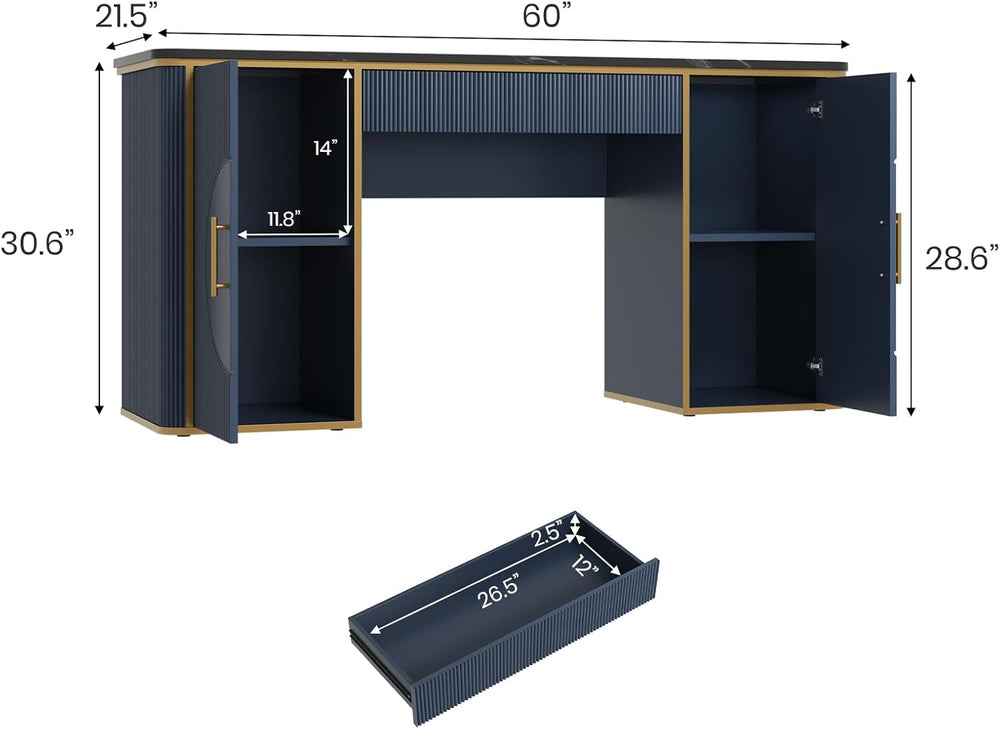 60" Fluted Computer Desk, Wooden Long Home Office Writing Desk with Draw...