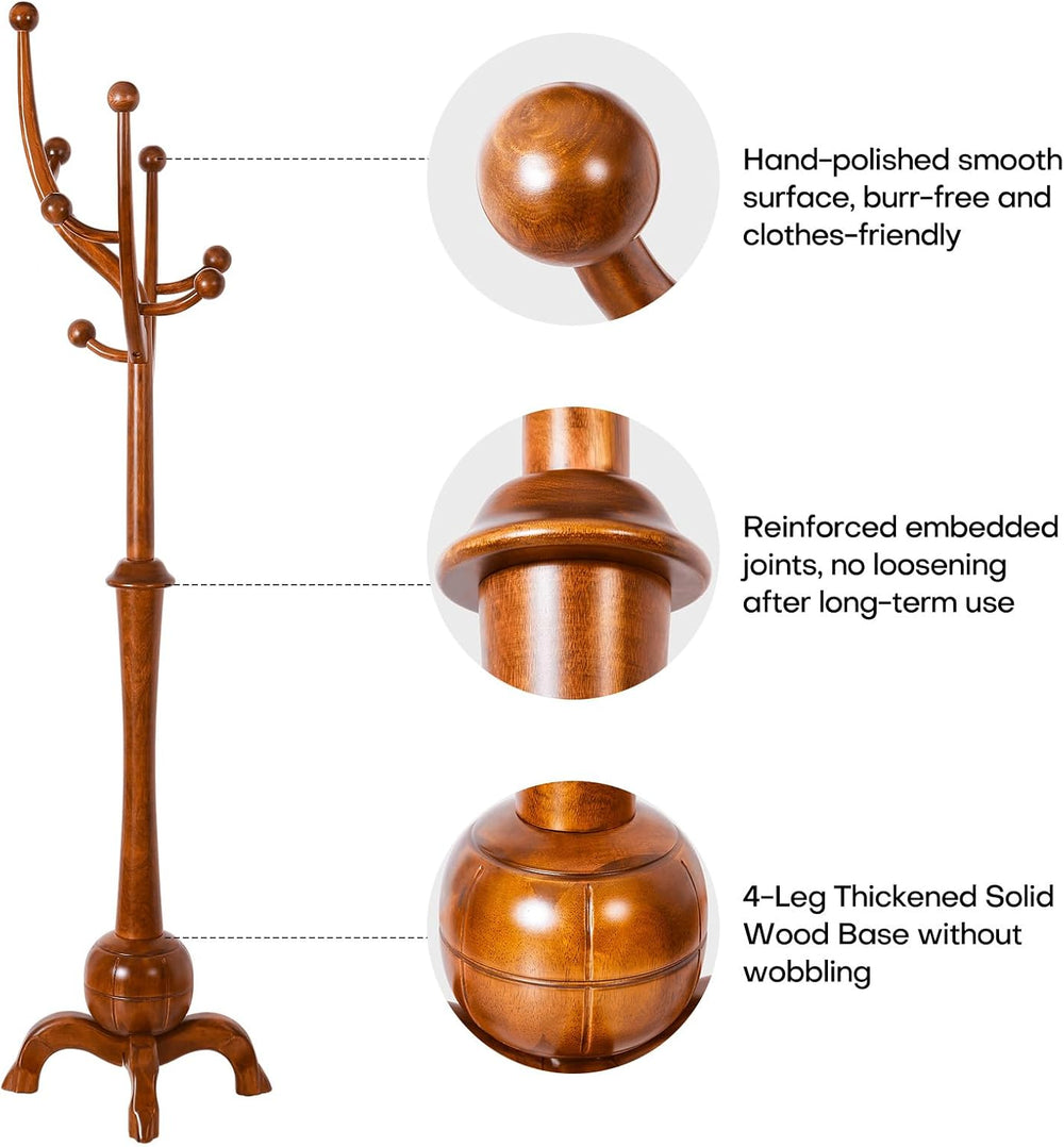 Coat Rack Freestanding Wood Coat Tree with Stable Sphere Base, Light Brown
