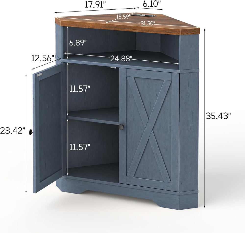 Halitaa Small Corner Storage Cabinet with USB Ports and Outlets, Blue