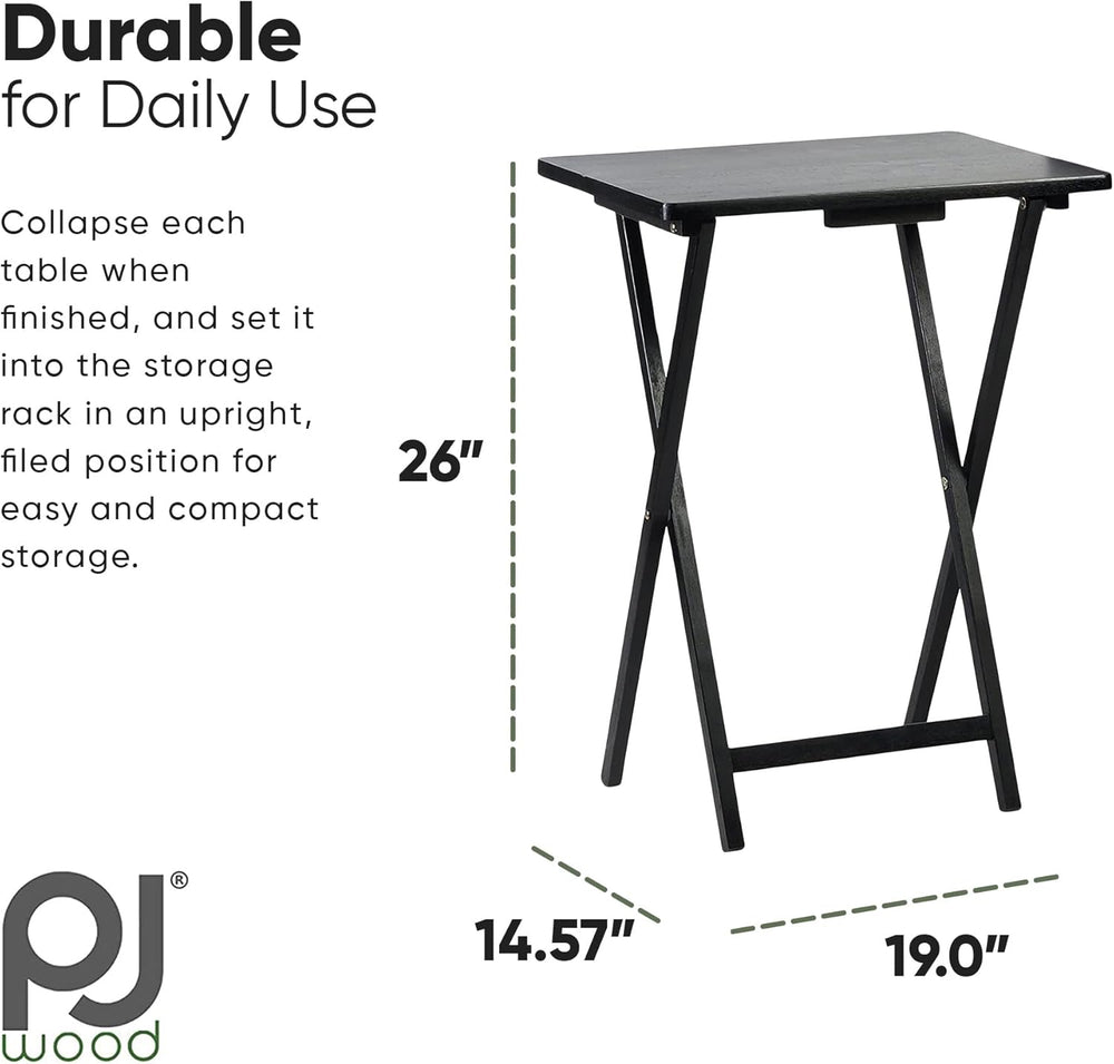 PJ Wood - Folding TV Tray Table Set - 5-Piece with Rack, Black