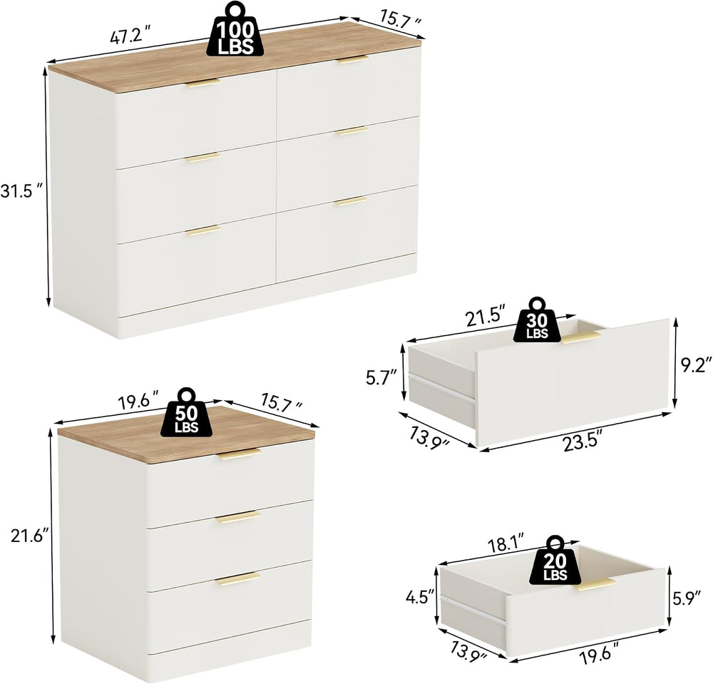 3 Pieces 6 Drawer Dresser & 3 Drawer Nightstand Set, White & Brown