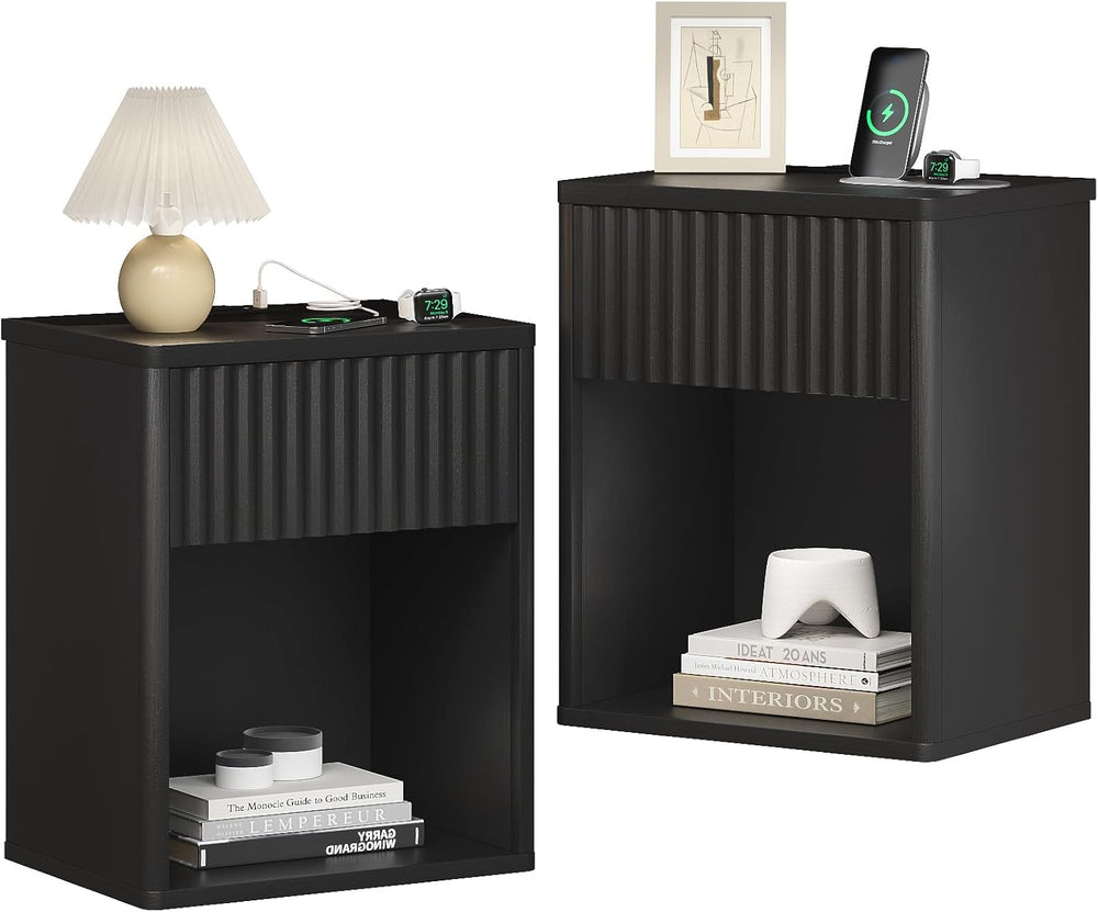 Fluted Black Nightstands Set of 2 w/Charging Station, Wooden End Table Bed Si...