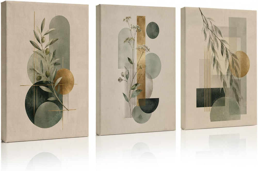 CUQQI Neutral Abstract Wall Art Set, Green Gold Canvas Prints 12x16In