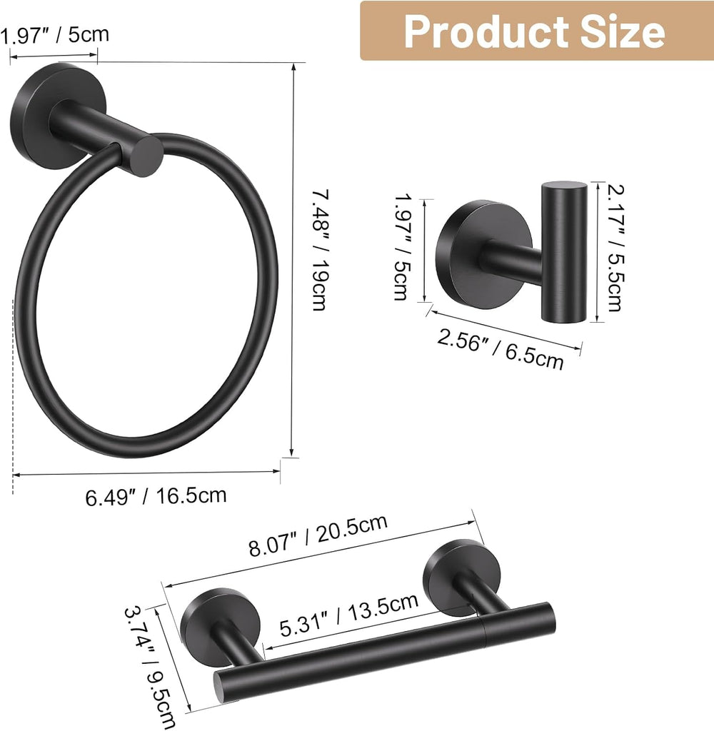 Matte Black Bathroom Hardware Set, Toilet Paper Holder, Towel Ring & Hooks