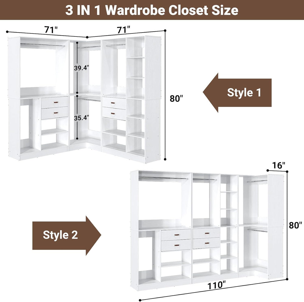 Armocity Freestanding Closet System with 3 Sets, 110'' Reversible Sta...