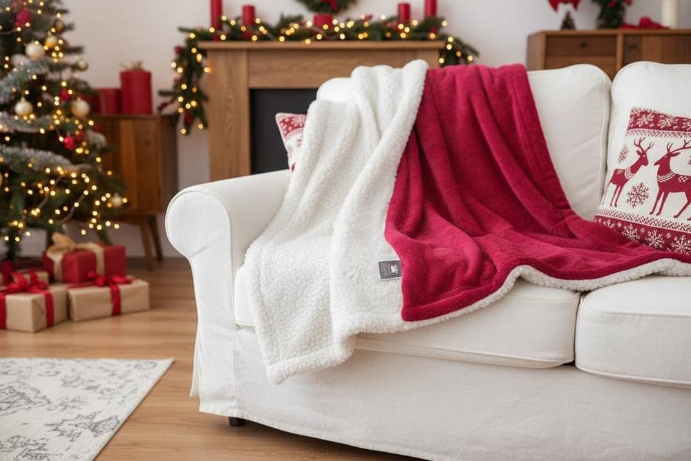Tache Sherpa Throw Blanket Red 50x60 Inch - Solid Burgundy Wine Red and White...