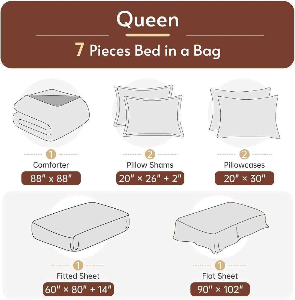 MUXHOMO Queen Comforter Set with Sheets Brown - 7 Pieces Bed in a Bag