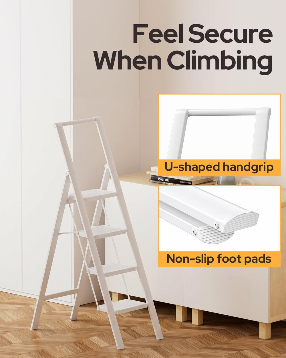 4 Step Ladder, Foldable 4 Step Stool, White