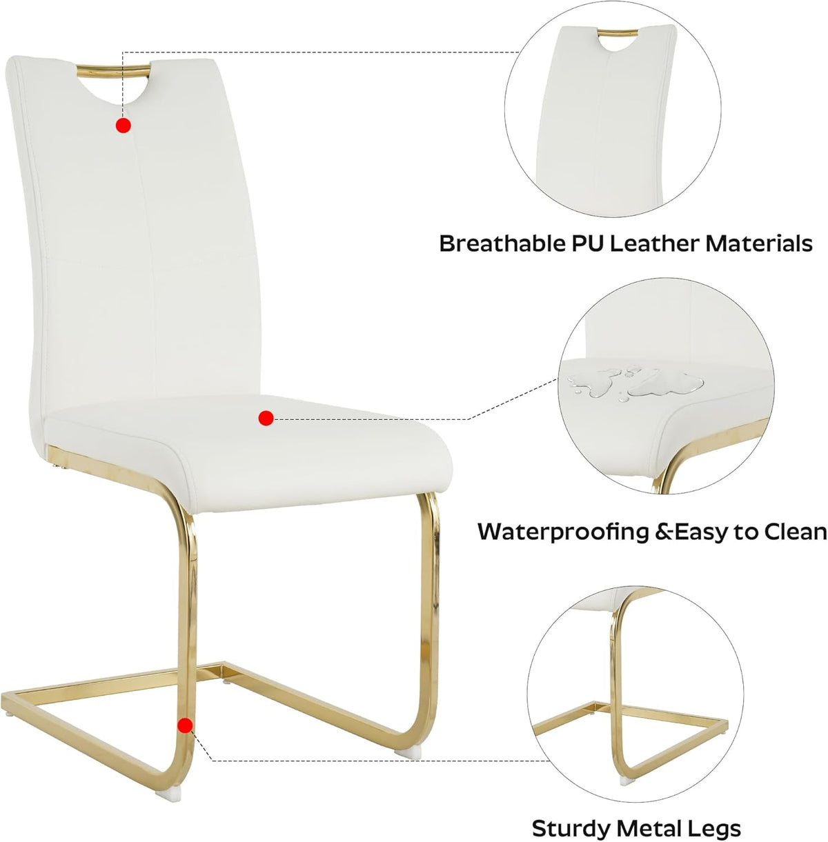 5-Piece 47" Dining Table with 4 PU Leather Chairs, Modern Dining Table Set for 4, Rectangle Kitchen Table with Golden Metal Legs for Dining Room, Kitchen(White)