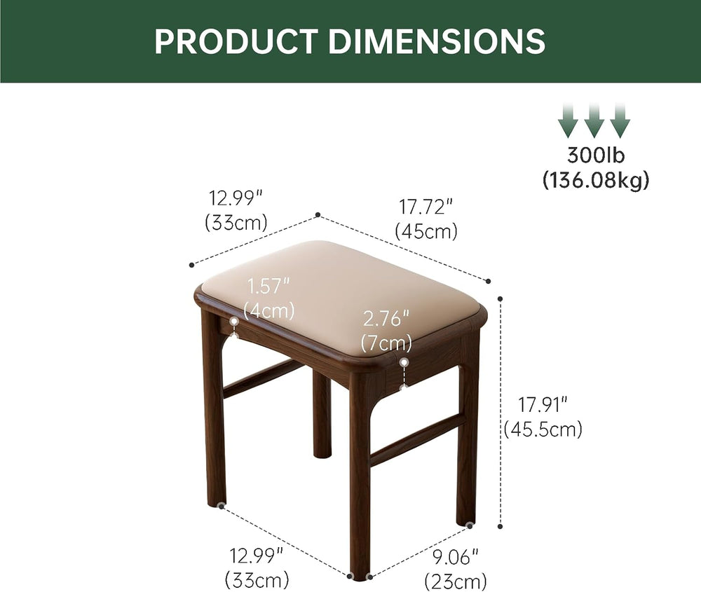Upholstered Stool with Solid Wood Leg, Leather Padded Dining Ottoman Walnut F...