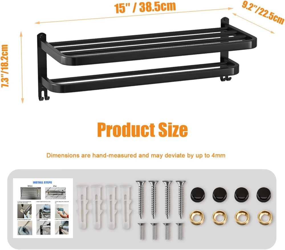 15 Inch Black Towel Racks for Bathroom Towel Shelf with Double Towel Bars Lav...