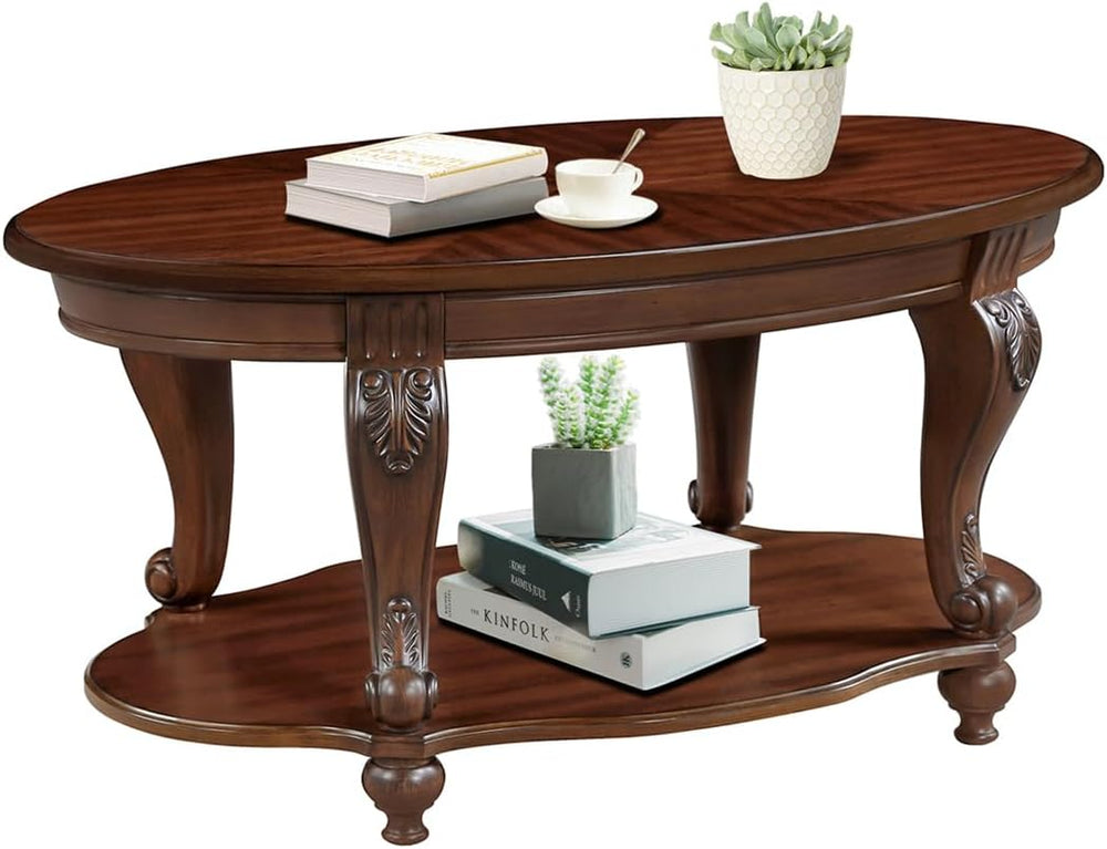 LKTART 42" Vintage Oval Coffee Table, 2 Tier with Storage Shelf, Cherry