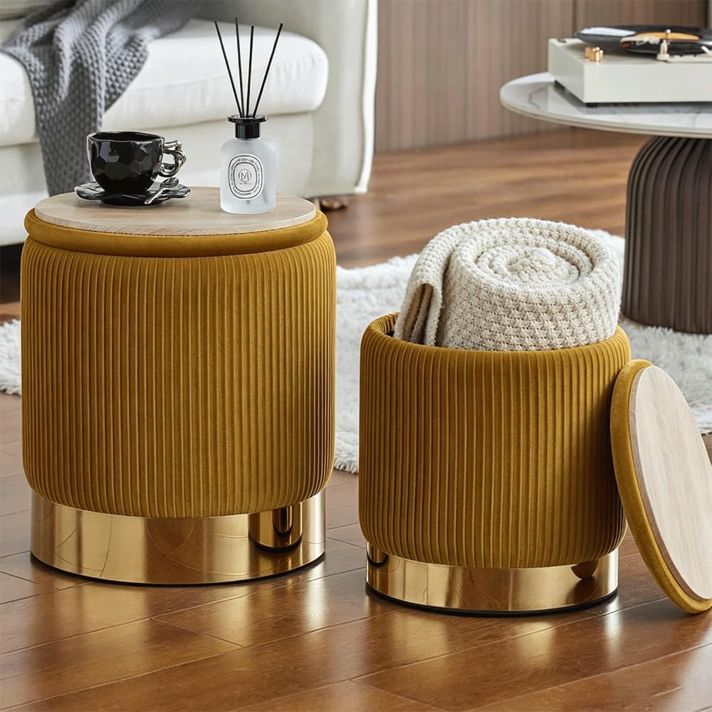 Round Ottoman with Storage, Yellow Velvet, Set of 2
