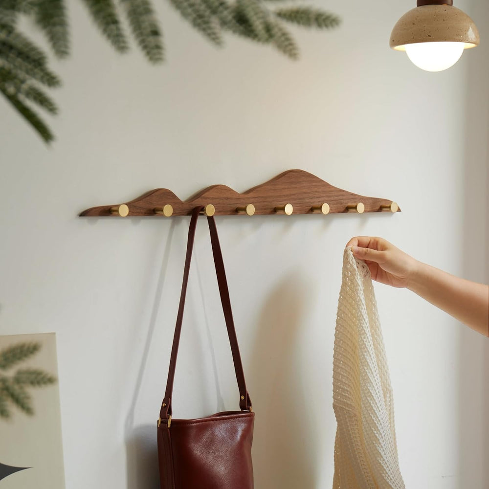 Wall Coat Rack, Walnut Wood, 8 Hooks