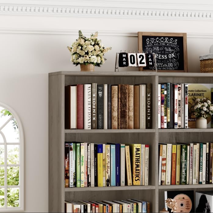 HOSTACK 71" Tall Triple Wide Bookshelf with Storage Drawers & Doors, Grey