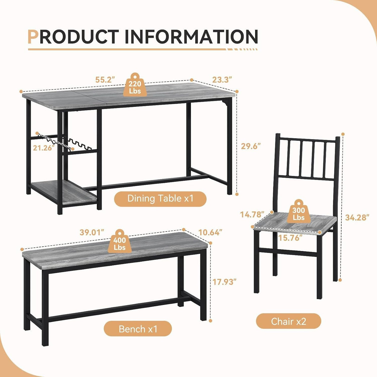 4 EVER WINNER 55-Inch Dining Table Set for 4 with Bench, Wine Rack, Grey | 4-Piece Kitchen Table Set with 2 Chairs, Bench, Stemware Holder and Storage Shelves for Small Spaces and Apartments