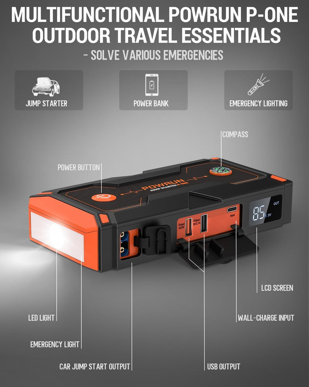 Powrun P-ONE Jump Starter, 2000A Portable Jump Box - Car Jump Starter Battery...