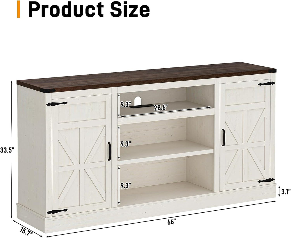 Hlivelood 66" Farmhouse TV Stand with Power Outlets for 75 Inch TVs, 33" Tall Entertainment Center with Storage Cabinets w/Adjustable Shelves, Rustic Large TV Media Console, Rustic White