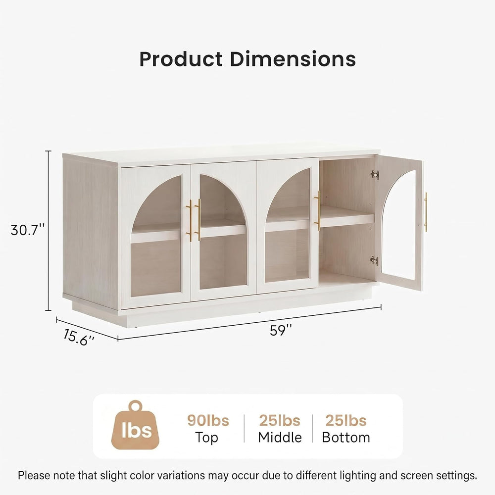 59" Sideboard Display Cabinet Arched Glass Doors,White Oak