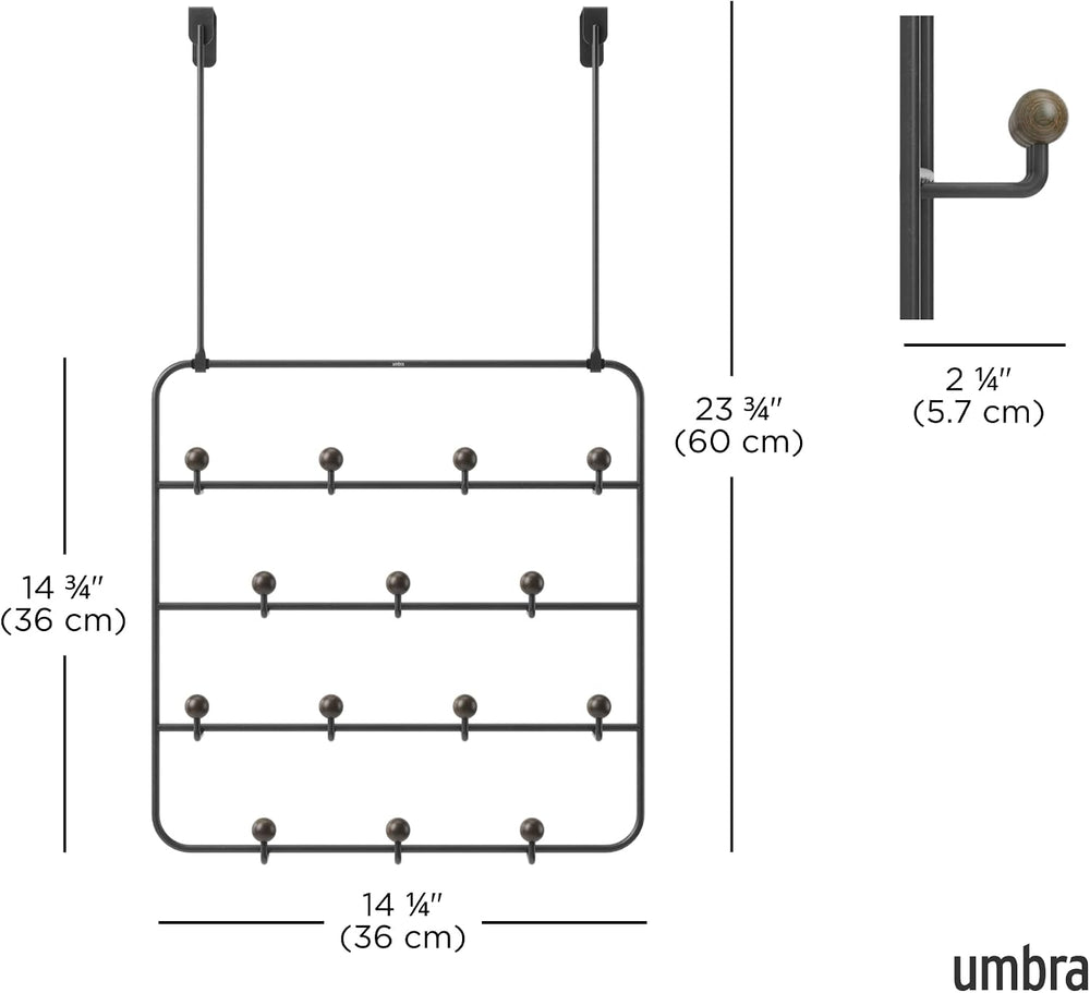 Umbra Estique Coat Rack, Over the Door Wall Hooks, 14 Hook, Black/Walnut