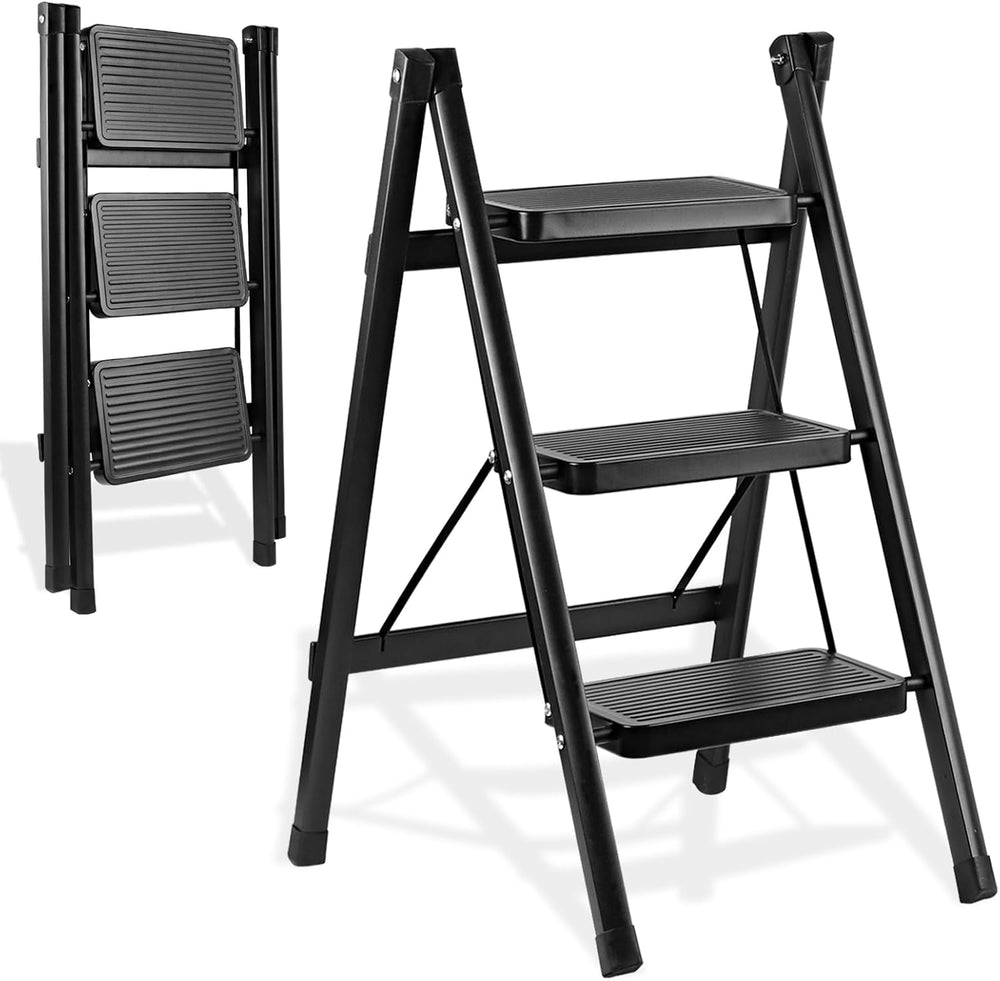 3 Step Ladder, Portable Folding Step Stool for Home Kitchen, Black