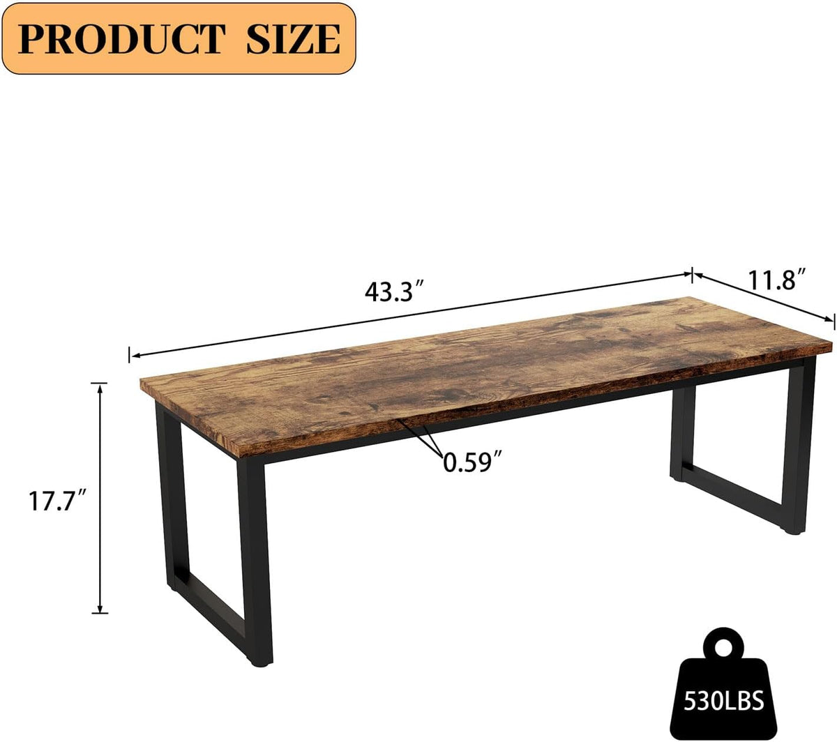 HIPIHOM 43.3" Industrial Bench Set of 2 Antique Wood & Metal | Rustic farmhouse style, MDF top with vintage woodgrain finish, durable matte black metal legs,for dining-entryway-bedroom