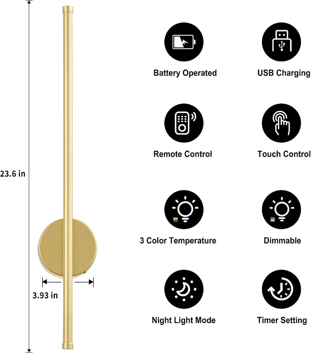 KARTOOSH Battery Operated Modern Wall Sconce Set of Two, 23.6 Inch Gold
