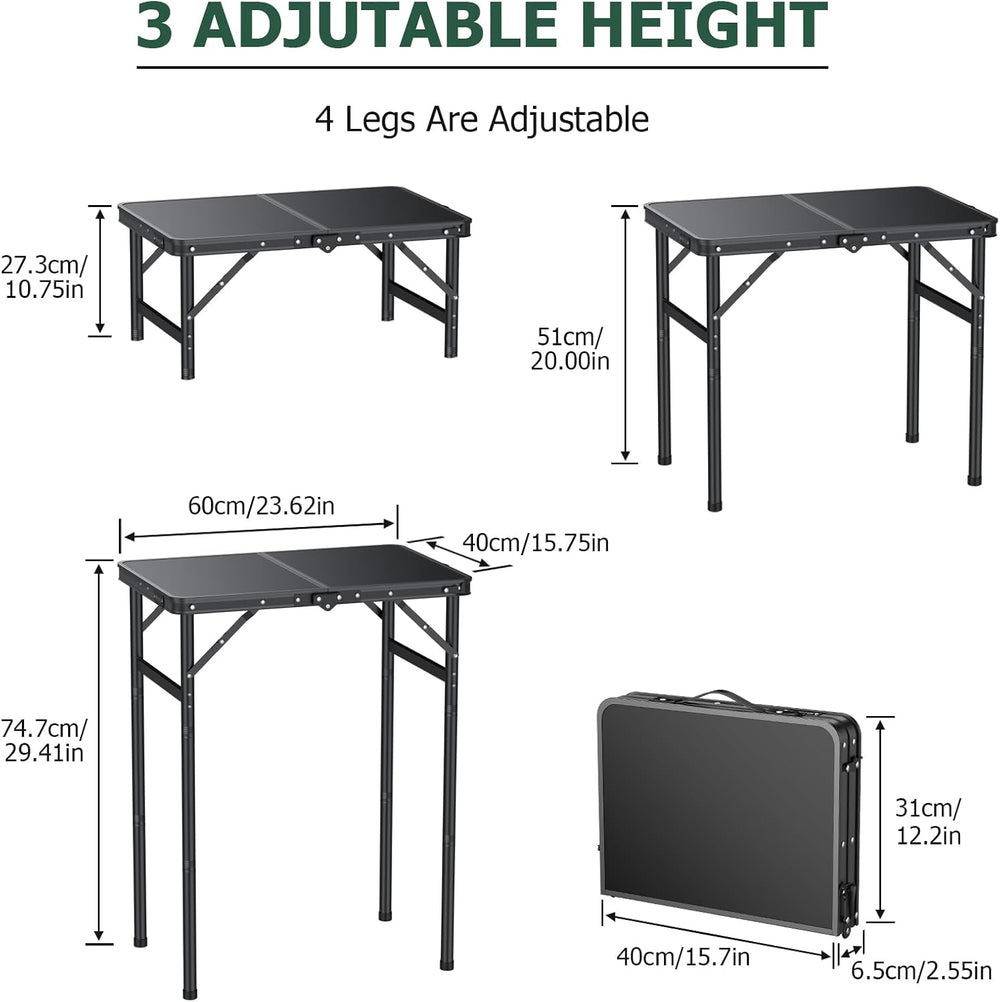 JiGiU Folding Camping Table MDF Desktop, 3 Adjustable Height-Max 29"