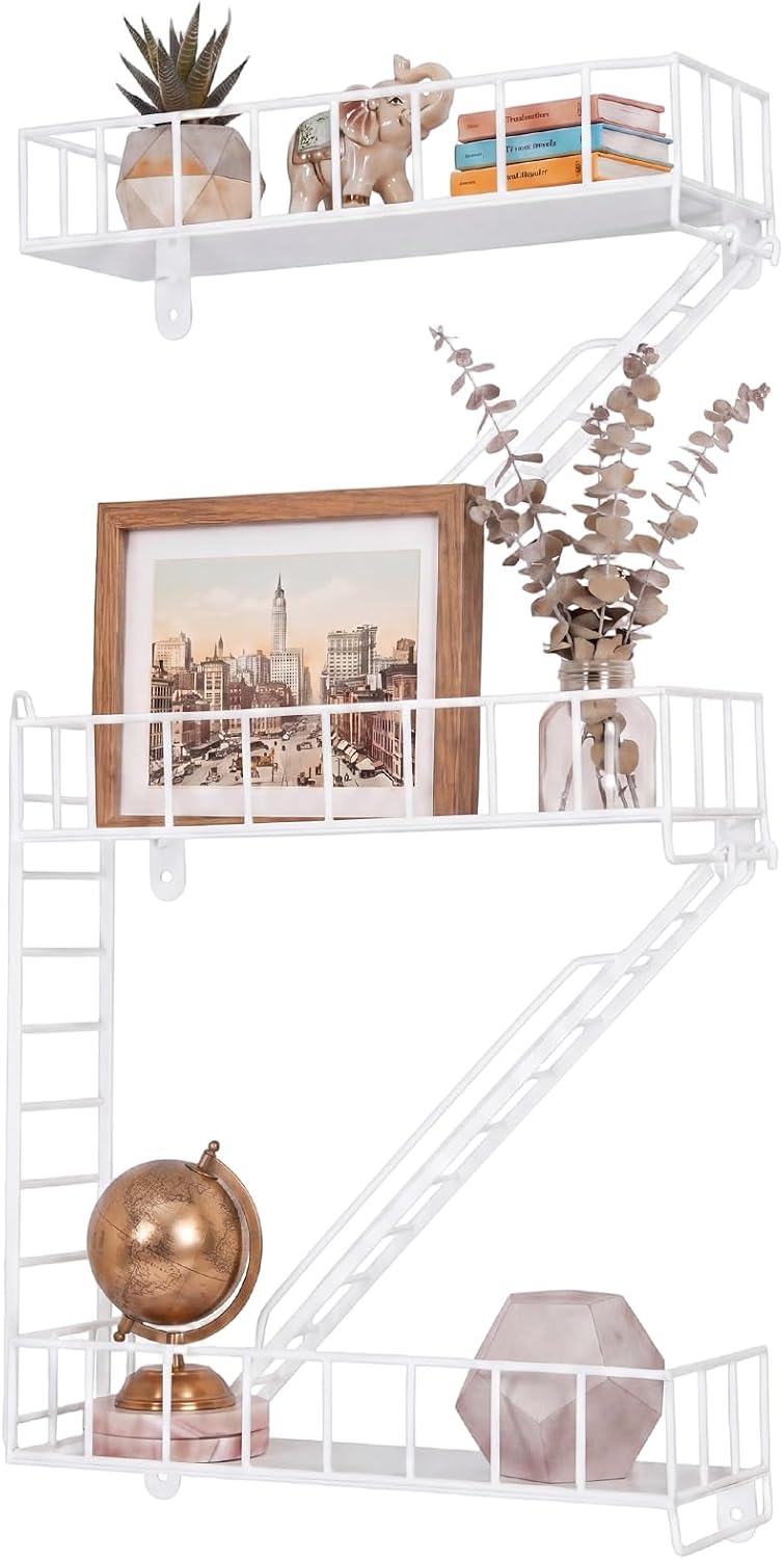 Zonon White 3 Tier Fire Escape Wall Shelf Metal Trinket Ladder Shelves