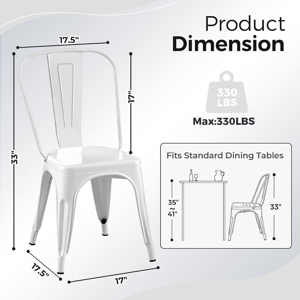 white stackable metal dining chairs, set of 8, close-up detail
