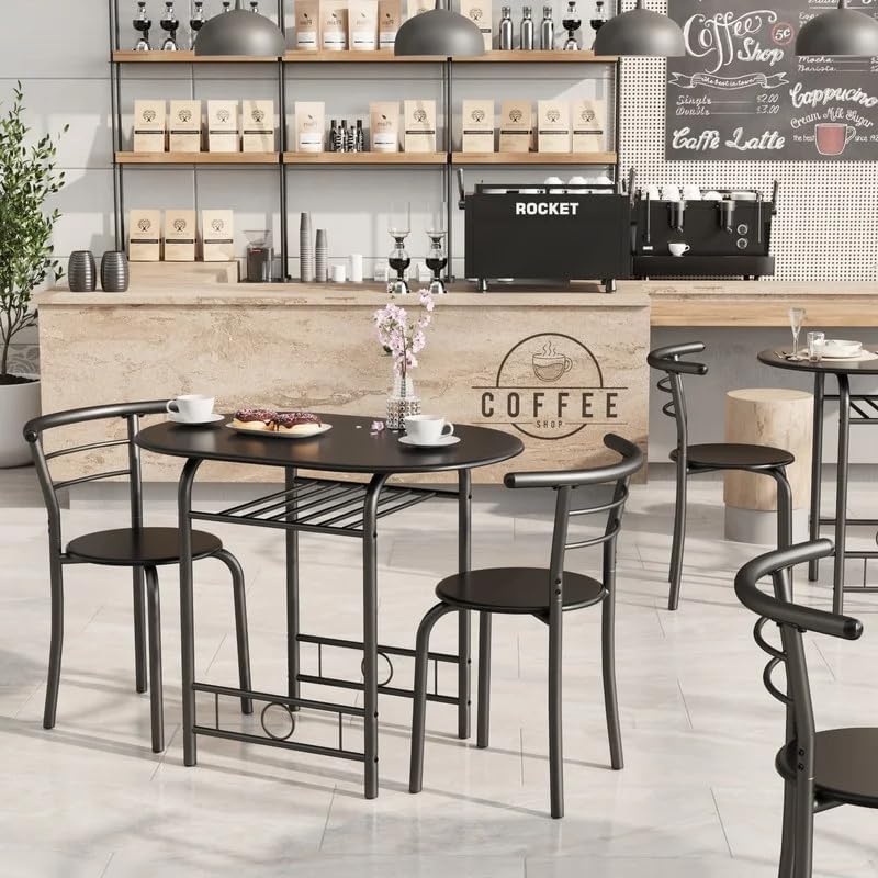 Shahoo 3-Piece Dining Table Set for 2, Kitchen Breakfast Nook Set, Black | 2 Chairs & Round Tabletop, Space Saving Wooden Furniture Metal Frame and Built-in Wine Rack