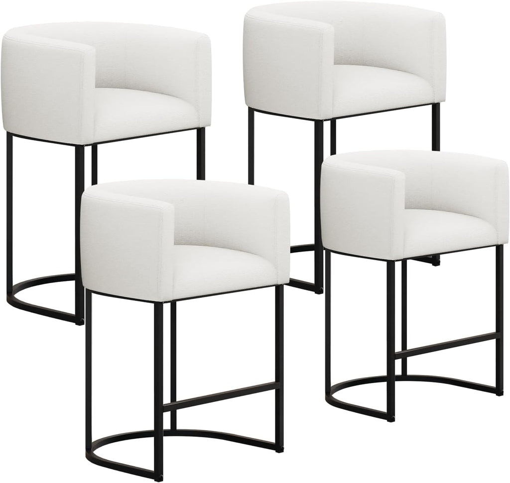 Counter Height Bar Stools Set of 4, 24 Inch Seat Height Barstools for Dining Room, Fabric Upholstered Bar Chair for Kitchen Island, Linen Counter Stools with Metal Legs, White