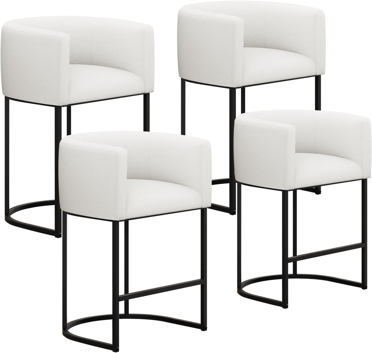 Counter Height Bar Stools Set of 4, 24 Inch Seat Height Barstools for Dining Room, Fabric Upholstered Bar Chair for Kitchen Island, Linen Counter Stools with Metal Legs, White