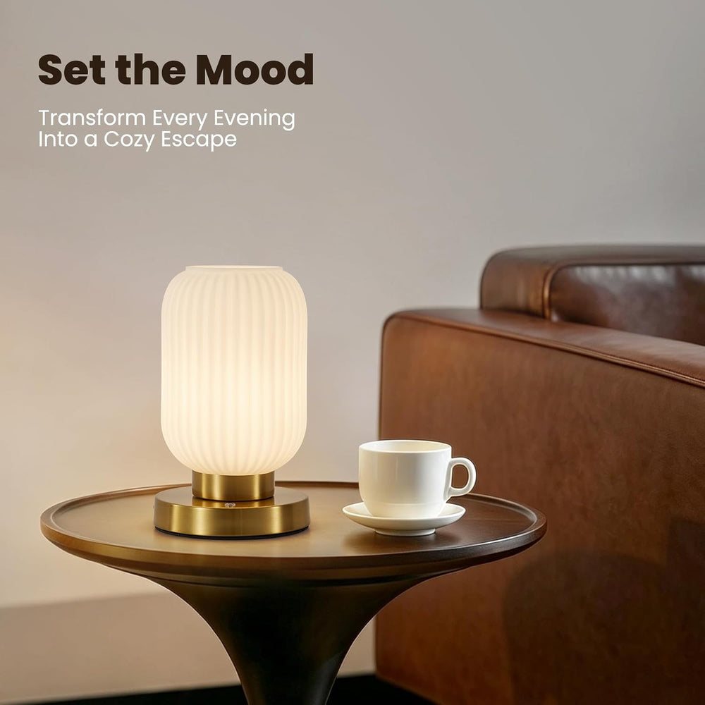 6" MCM Cordless Rechargeable White Glass Table Lamp, Touch Dimmable