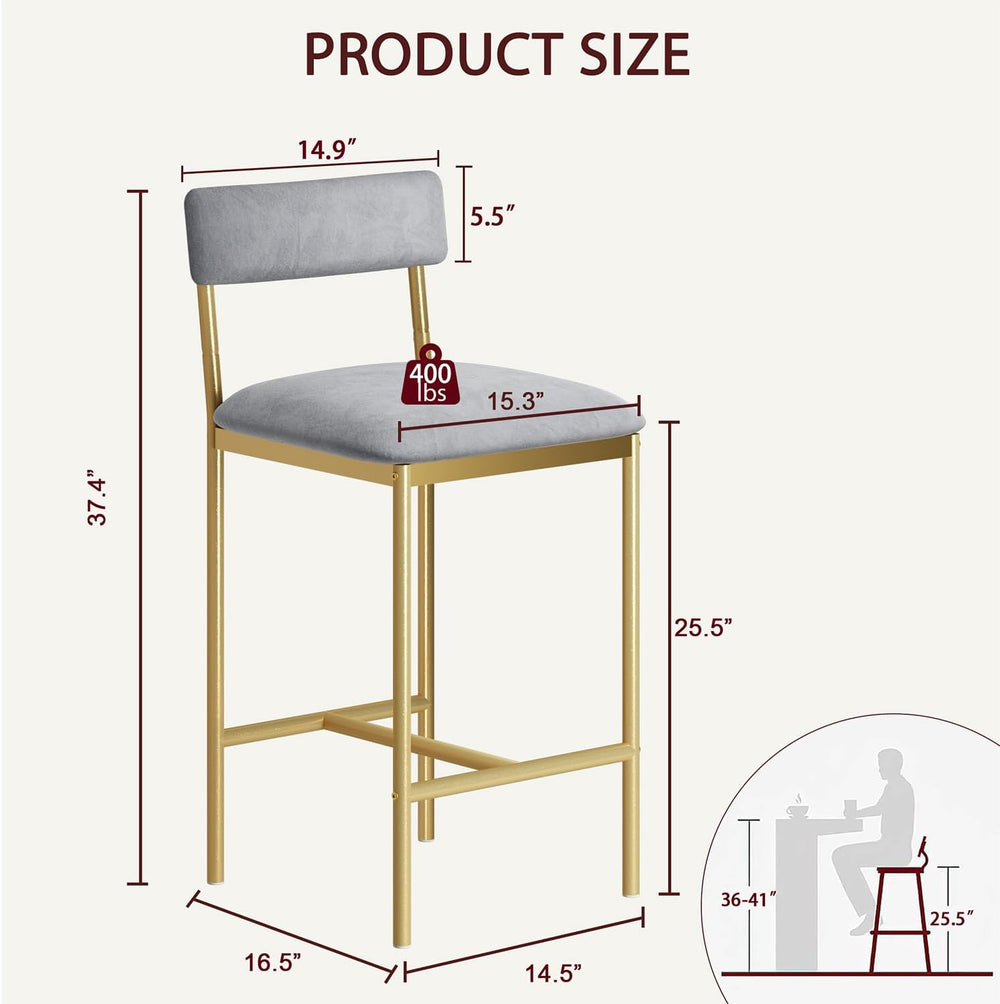 Garvee Bar Stools Set of 2, Upholstered Counter Height Bar Stool with Backres...