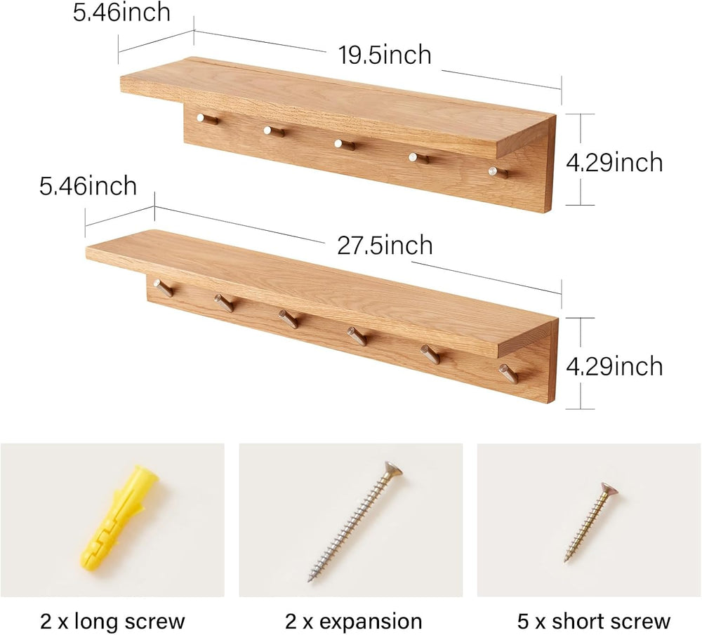Wall Hooks with Shelf Oak Wood Coat Rack Shelf Wall Mounted, Entryway Shelves...