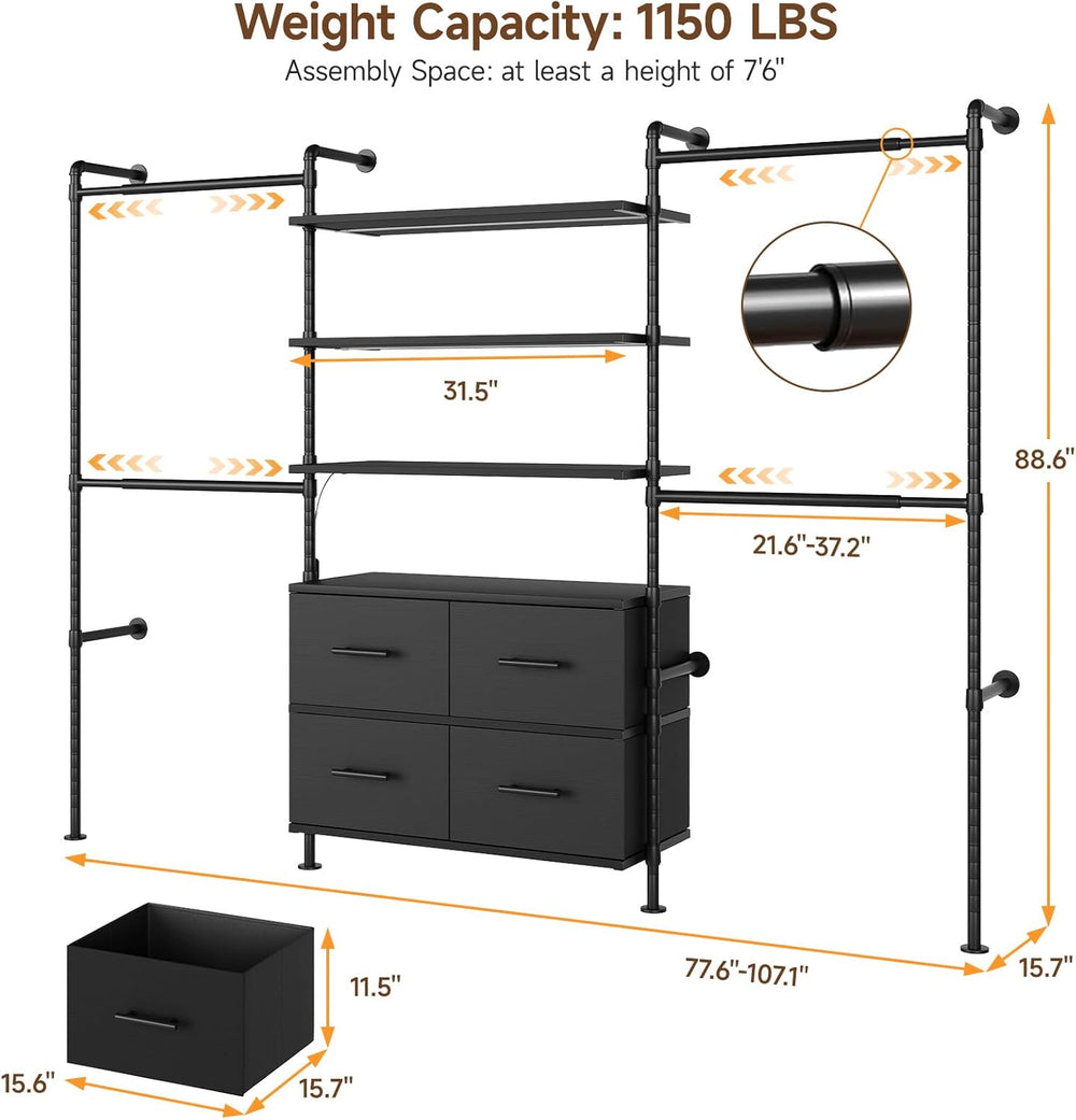 ONBRILL T4 Closet System with Stepless Dimmable LED Light & Drawers, Black